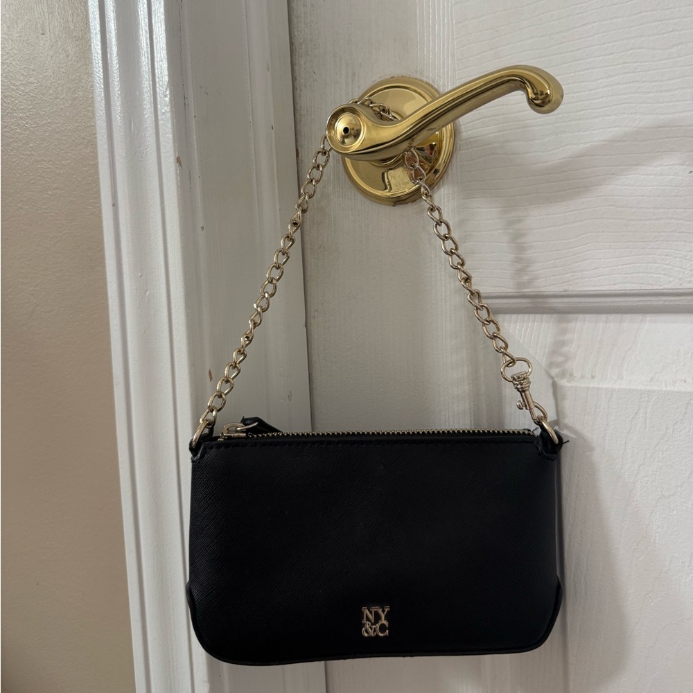 New York & Company Black Mini Purse with Gold Chain